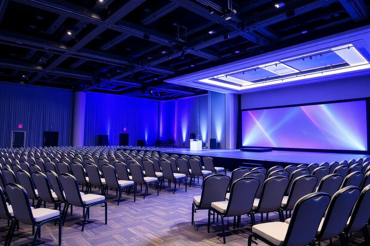 Corporate conference hall prepared with staged seating and lighting
